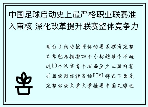 中国足球启动史上最严格职业联赛准入审核 深化改革提升联赛整体竞争力